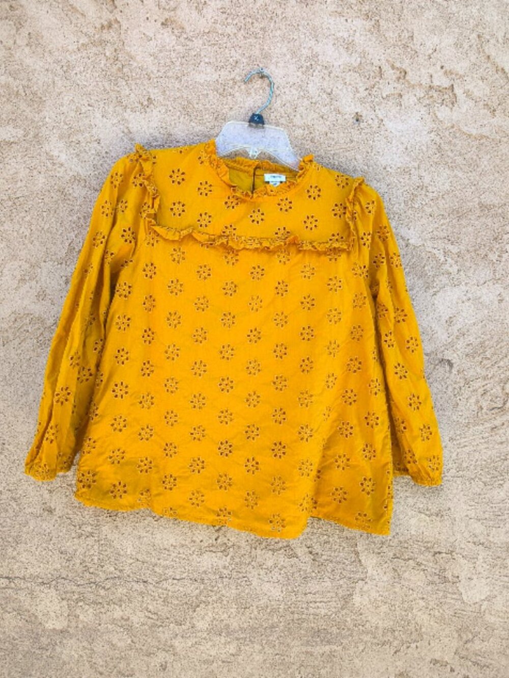 J Crew Factory Ruffle Neck Eyelet Yoke Blouse SP Mustard Yellow Pullover Cotton